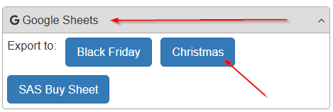 SellerAmp Google Sheets export options, with Christmas button highlighted.