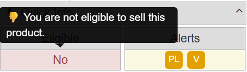 Not Eligible alert in SellerAmp SAS's Quick Info Panel