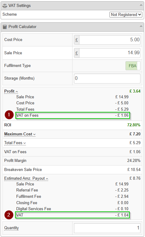 VAT Settings and Profit Calculator panels in SellerAmp SAS reflecting the Not Registered scheme