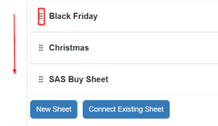 SellerAmp Google Sheets list with drag-and-drop handles for rearranging sheets