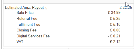 SellerAmp profit calculator showing detailed breakdown of Estimated Amazon Payout