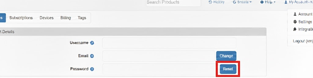 Reset password button on SAS Account page