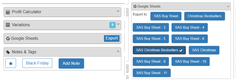 SellerAmp interface showing Google Sheets export options