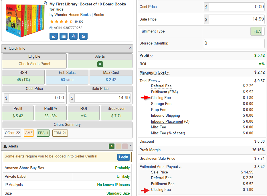 SellerAmp SAS Profit Calculator showing Closing Fee in the Profit Calculator panel