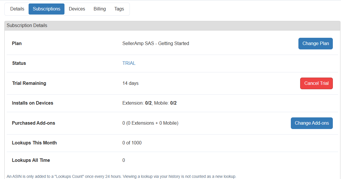 account dashboard showing an active 14-day subscription trial with options to change plan or cancel tria