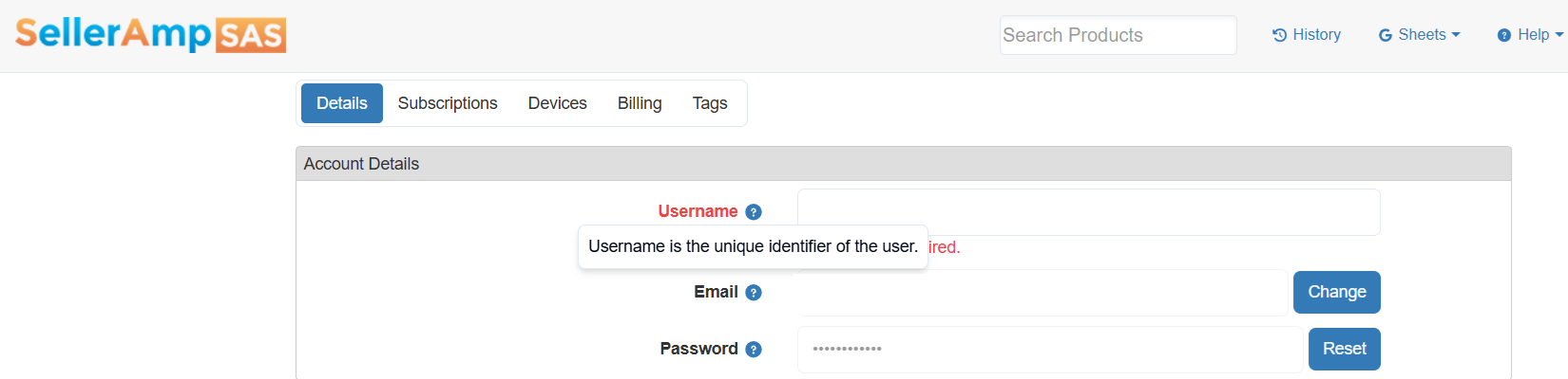 details panel showing username data entry cell