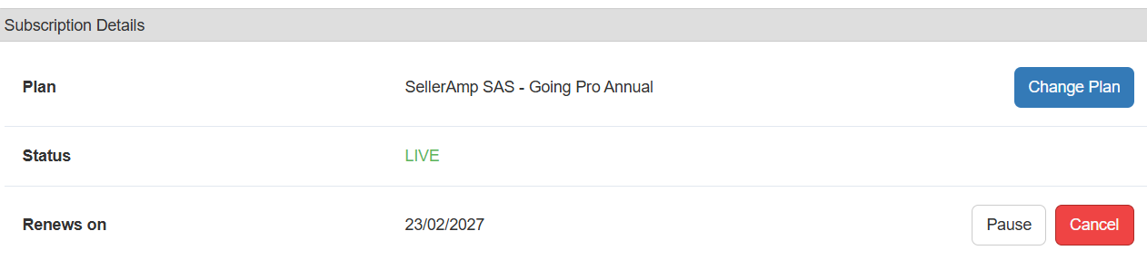 Subscription Details page showing options to Pause