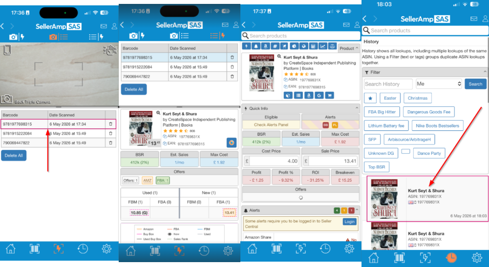 SAS workflow showing barcode selection from Scan Analysis List to full product analysis