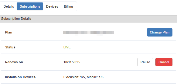 SellerAmp SAS Subscription section on Account page showing renewal date of subscription