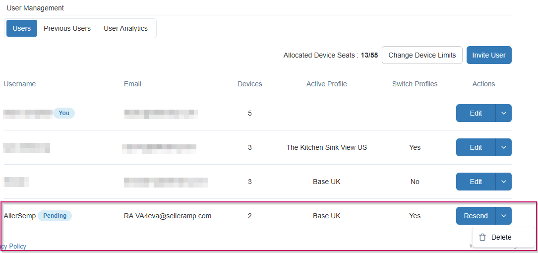 Options for a pending user invitation