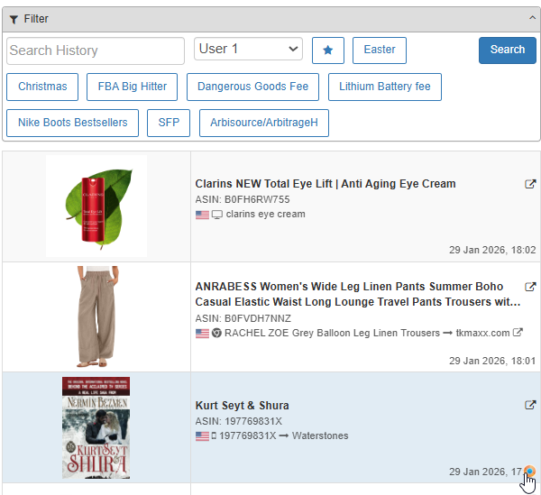 Single user's history showing sourced products, displaying product title, ASIN, marketplace, tool used, how product was found and when