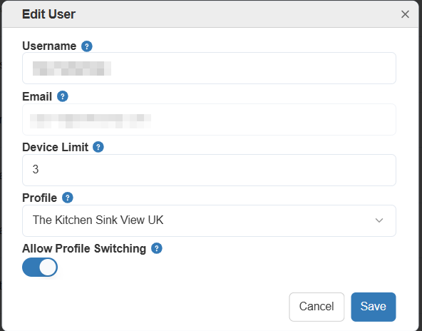Edit User box showing Username, Email, Device Limit, Default Profile and Allow Profile Switicing options