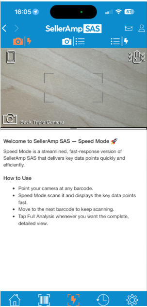 The camera view in Speed Mode alongside instructions for fast barcode scanning and data retrieval.