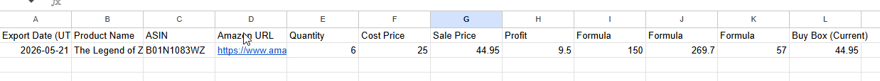 Google spreadsheet linked to SAS showing correctly exported values with stock row names