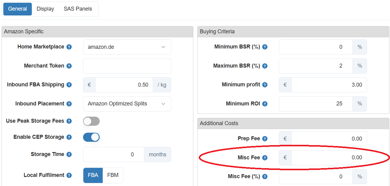 SellerAmp Settings highlighting the Misc Fee field as area to input per-item fee