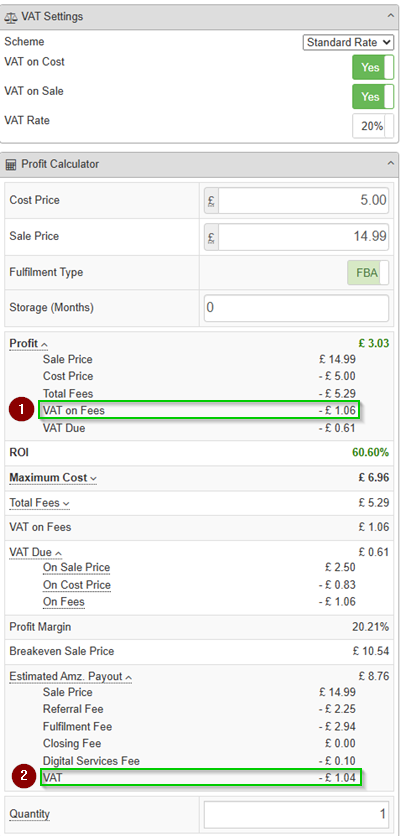 VAT Settings and Profit Calculator panels reflecting Standard Rate setting in SellerAmp SAS