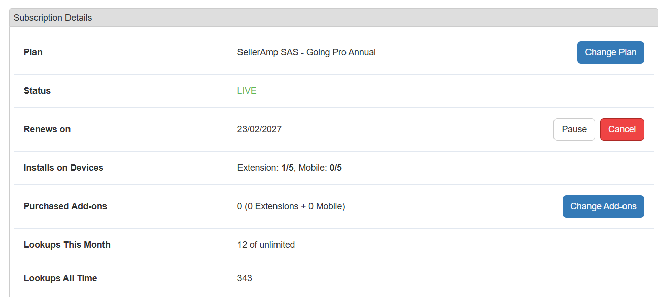 SAS Subscription Details page displaying plan type, live status, and renewal date with action buttons