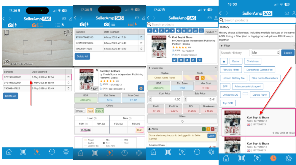 A specific barcode entry in the log history list; subsequent screens show the corresponding detailed product analysincluding Sales Rank, alerts, and calculated profit metrics.