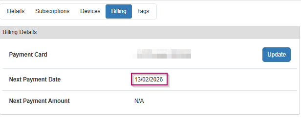 SellerAmp Account Billing Section showing renewal date of subscription
