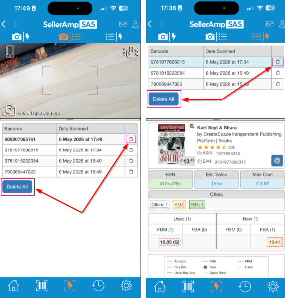 interface, showing how to delete individual and all items from the scan history list