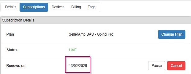 SellerAmp Account Subscriptions Section showing renewal date of subscription