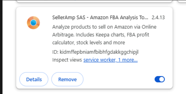 Chrome Extensions menu showing the official SellerAmp SAS - Amazon FBA Analysis Tool extension