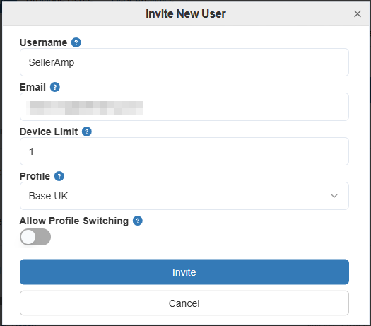 The Invite New User dialogue box requesting username, email, device install limit, default Settings profile and choice to allow profile switching 