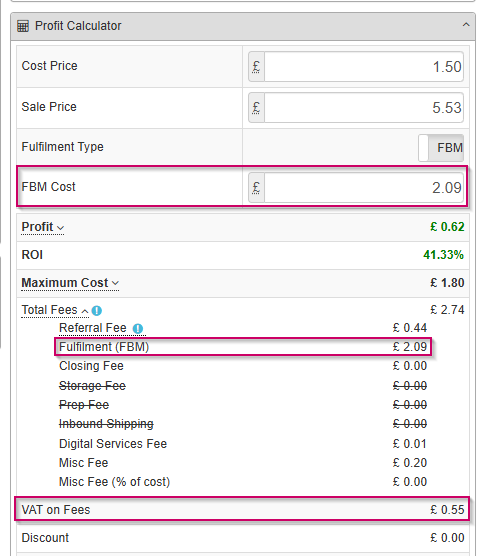 SAS Profit Calculator highlighting VAT-exclusive FBM cost and VAT on Fees section