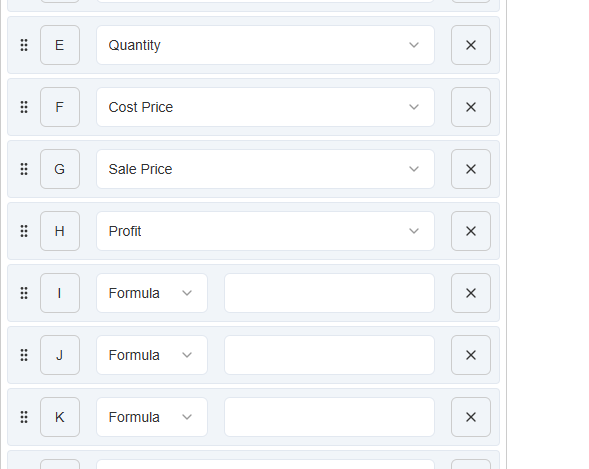Column mapping in SAS Google Sheets setup prior to quantity formula entry