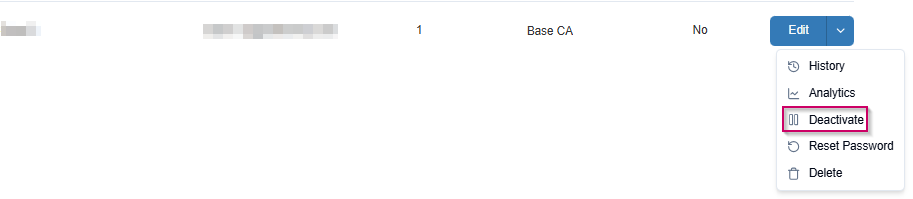 Edit dropdown highlighting Deactivate option