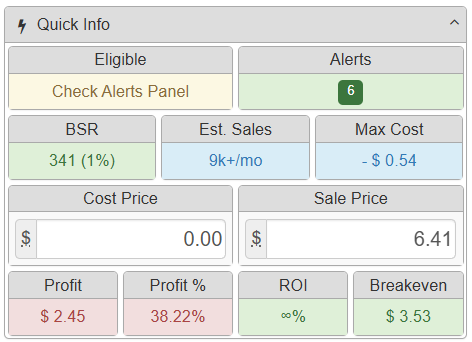 Toggled Profit, Profit Margin, ROI and Breakeven showing in Quick Info panel