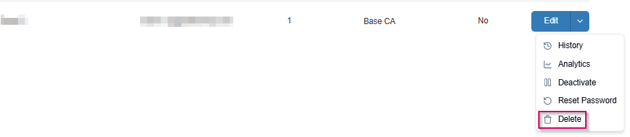 Edit dropdown highlighting Delete option 