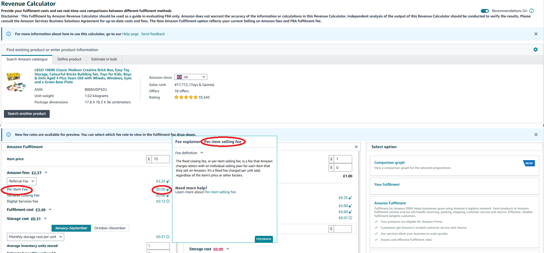 Amazon's UK Revenue Calculator displaying the Per-Item fee