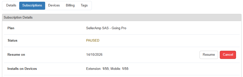 Paused subscription settings showing the 'Resume' button