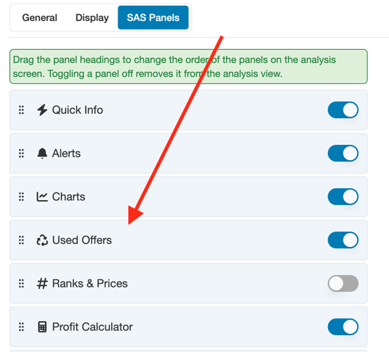 The SAS panels tab ,highlighting the offers toggle