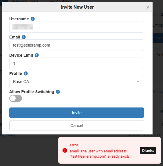 Error message for existing email