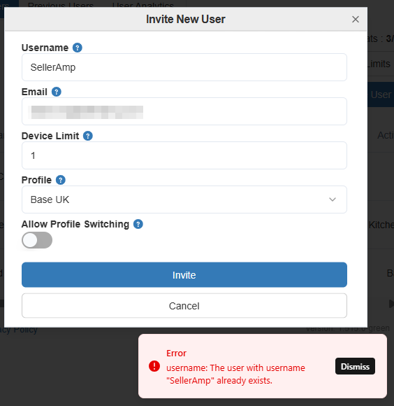 Error message for existing username 