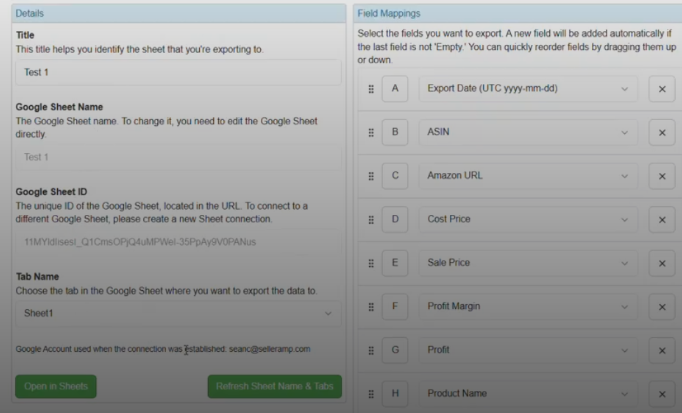 SellerAmp Google Sheets setup page showing Details and Field Mappings