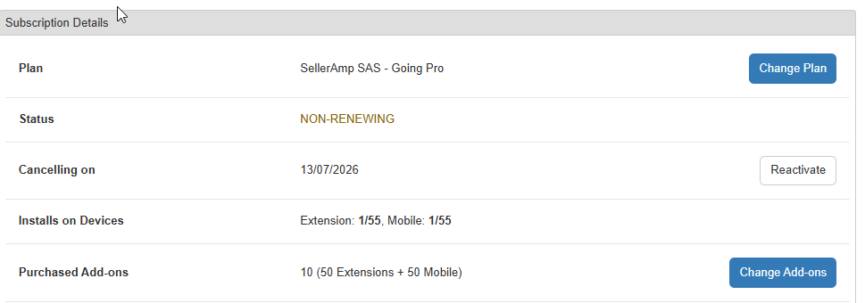 SellerAmp subscription details page showing a non-renewing status and a Reactivate button