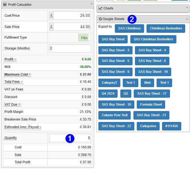 SAS Profit Calculator and Google Sheets panels indicating how to export quantity values