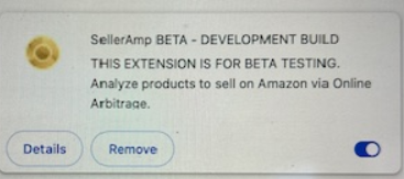 Google Chrome Extensions page showing the 'SellerAmp BETA - DEVELOPMENT BUILD' extension